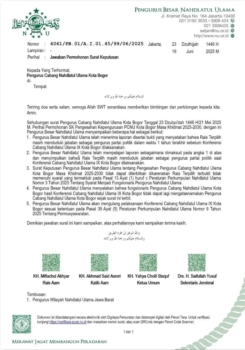 PBNU Batalkan Hasil Konfercab ke IX PCNU Kota Bogor