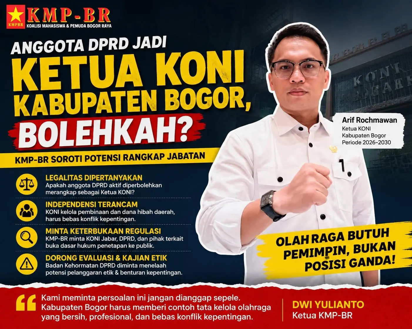 KONI Kabupaten Bogor Dipimpin Anggota DPRD, KMP-BR: Ini Sah atau Pembiaran?