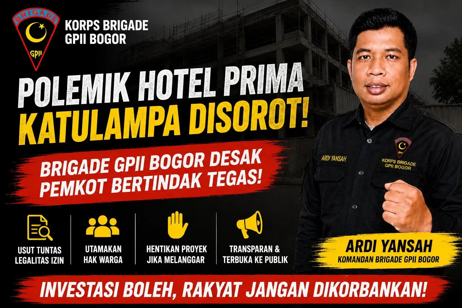 Brigade GPII Bogor Soroti Polemik Hotel Prima Katulampa, Desak Pemkot Bertindak Tegas